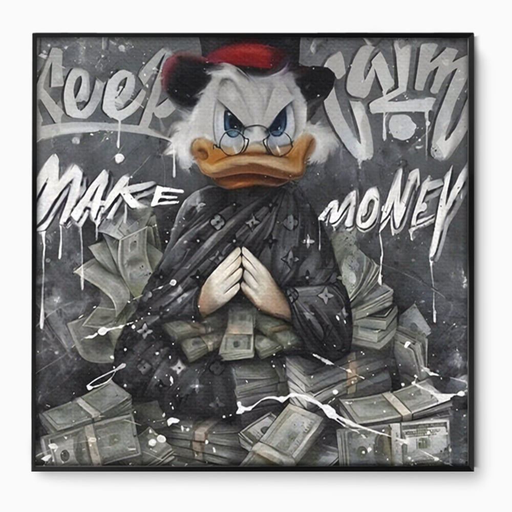 Tablou canvas cu tablou canvas cu scrooge mcduck si teancuri de bani, in rama de aluminiu negru